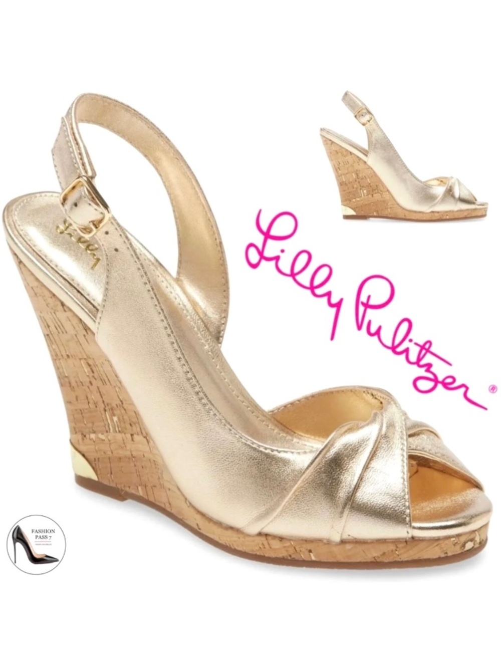 Lilly Pulitzer CHRISTINE WEDGE Slingback Gold Metallic Leather Sandals Pumps 8.5